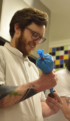 JR filling the chicken heart doughnuts